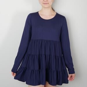 You & Me Navy Tiered Mini Dress Long Sleeve Round Neck Stretch Solid Preppy EUC